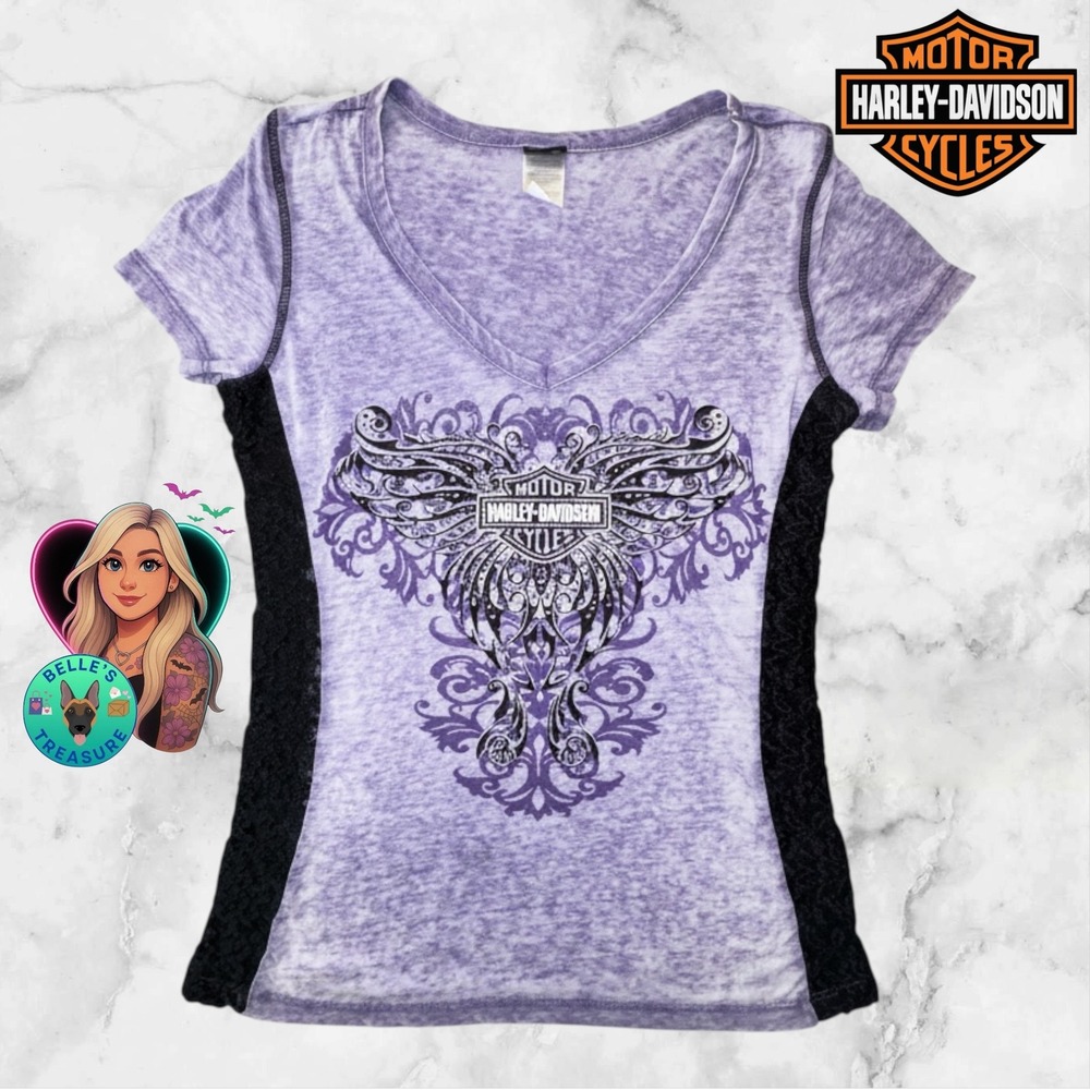 Harley-Davidson Top Womens L Purple Burnout Lace Side V-Neck Shirt Y2K Bedazzled